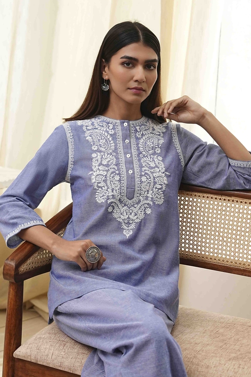 Dull Blue Cotton Straight Co-ord Set image number 7