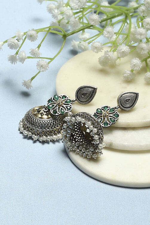 Green Oxidised Stone Studded Tear Drop Jhumkas image number 0