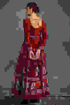 Rohit Bal Maroon Silk Chanderi Floral Anarkali Suit Set image number 3