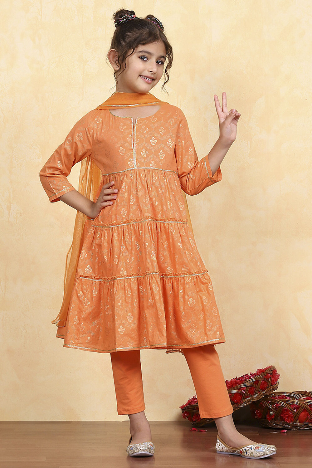 Blue Cotton Tiered Printed Kurta Churidar Set image number 6