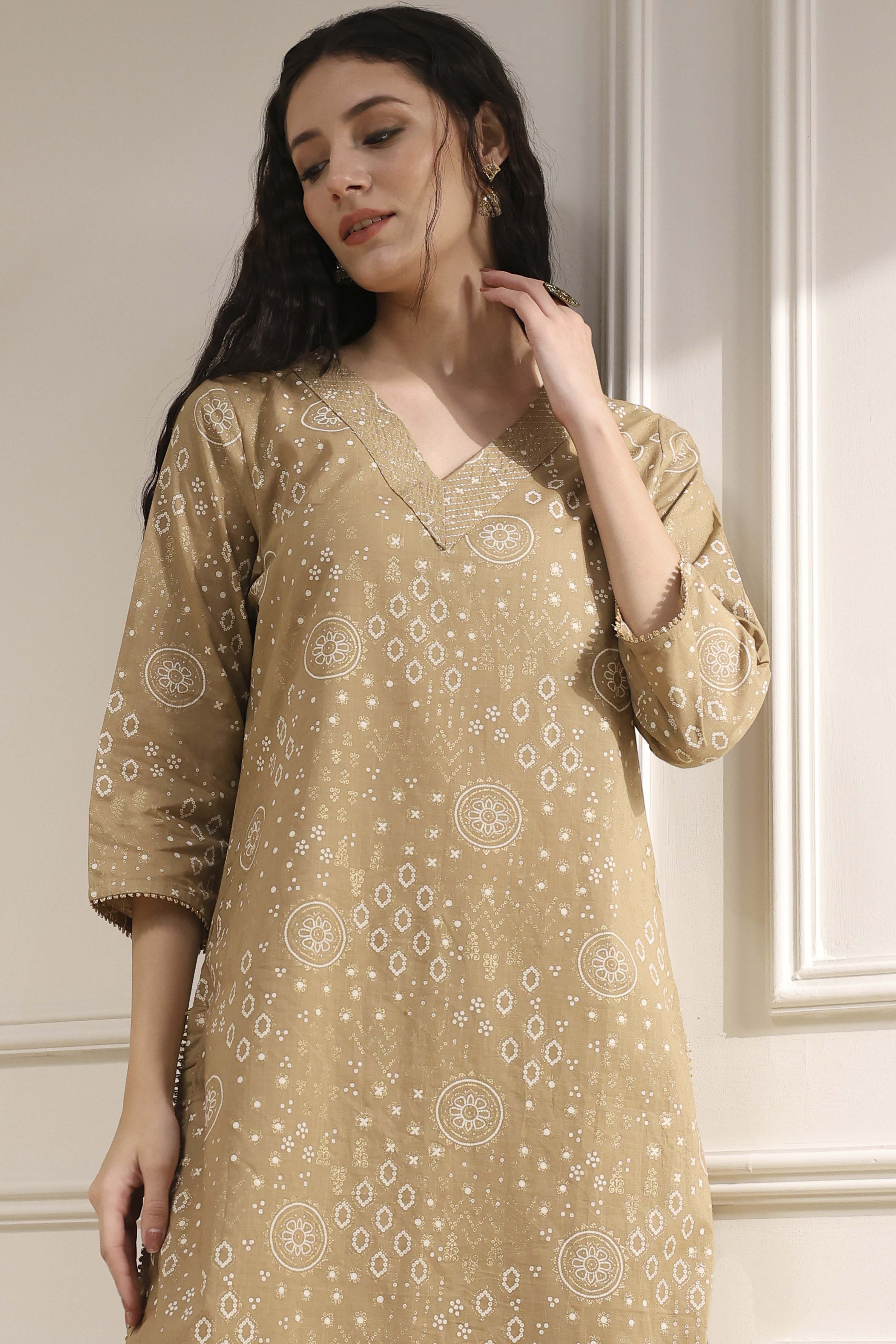 Beige Cotton Printed Straight Kurta image number 1