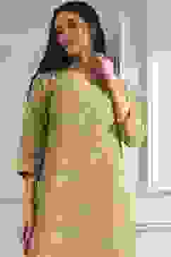 Beige Cotton Printed Straight Kurta image number 1