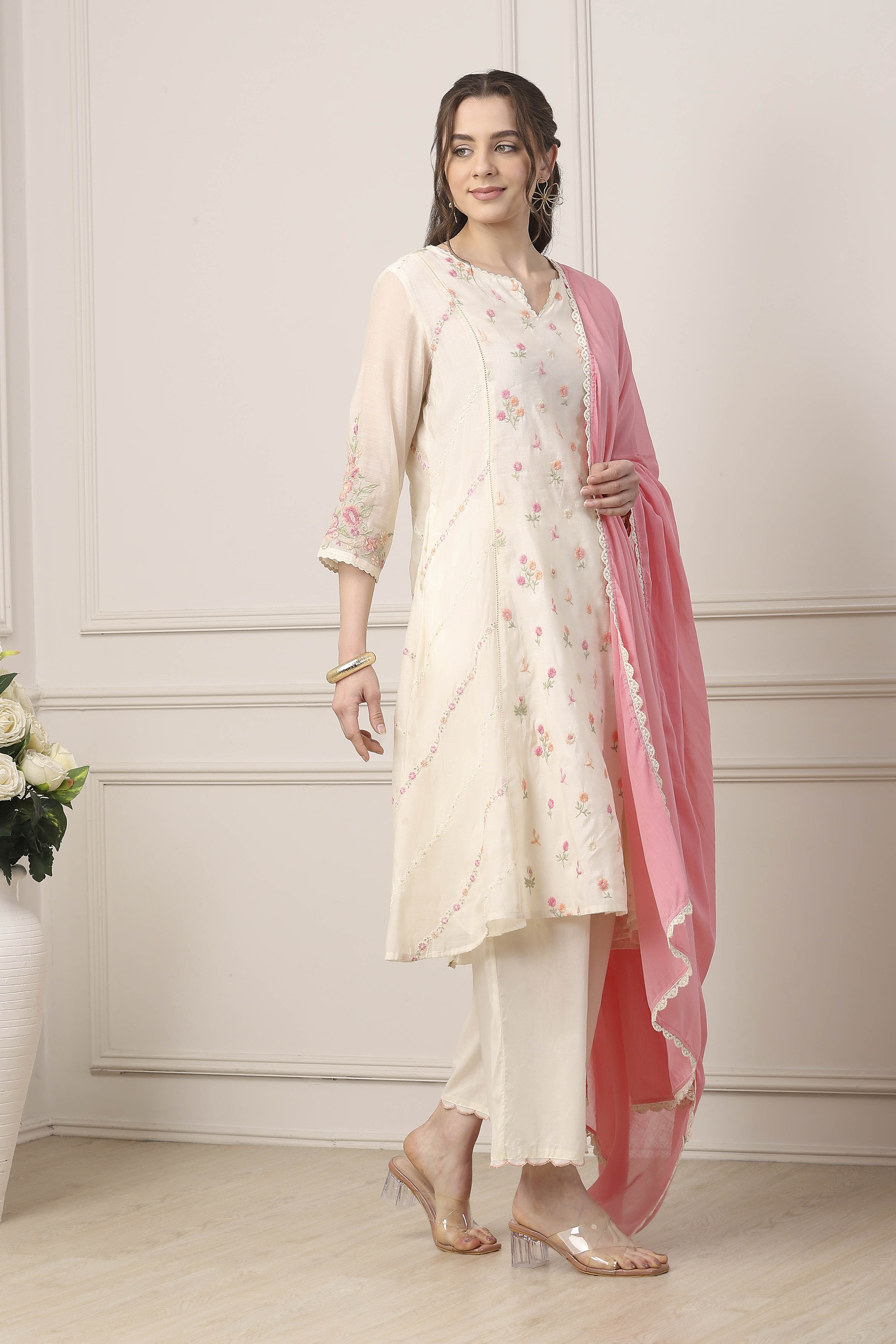 White Poly Chanderi Kalidar Suit Set image number 5