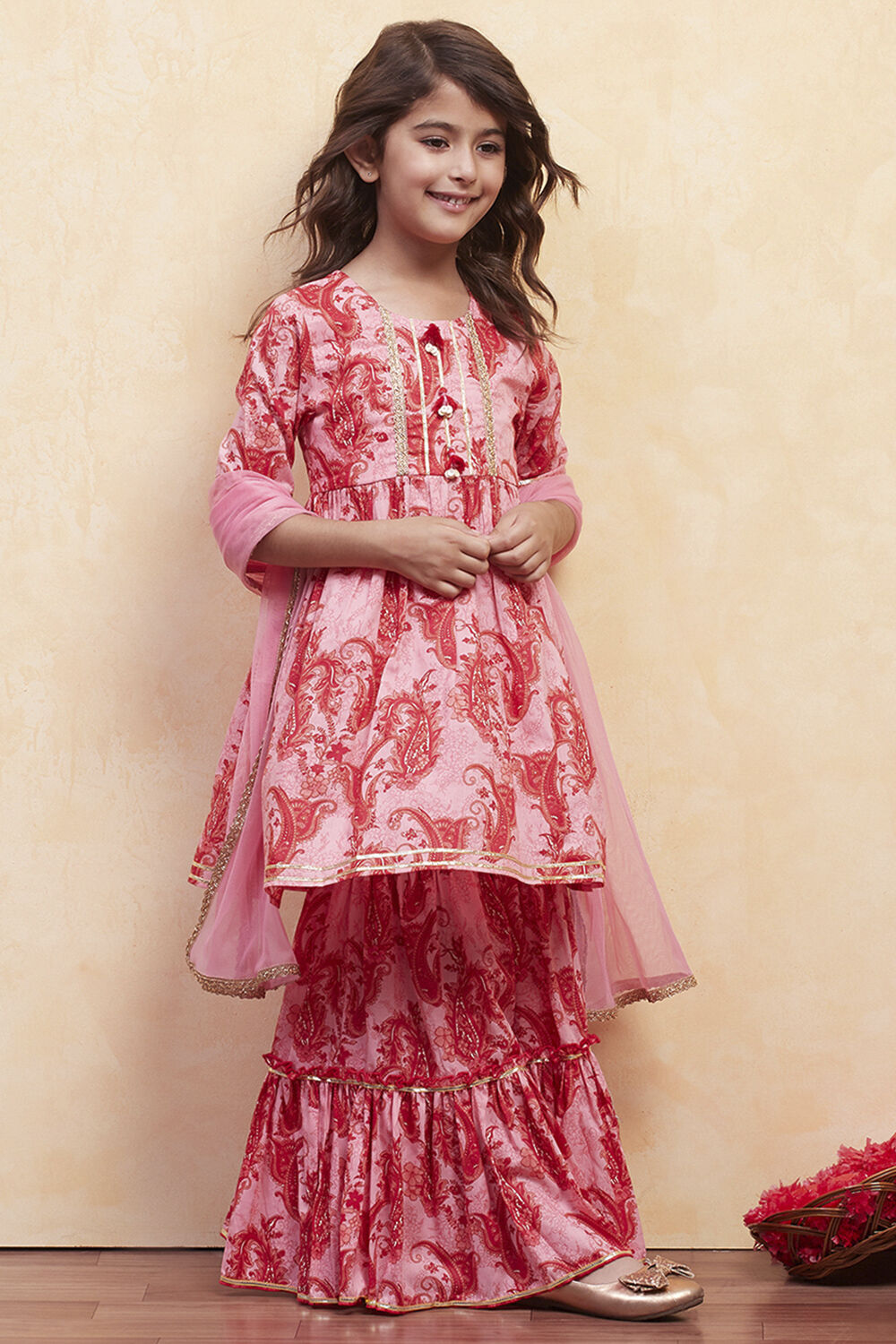 Pink Cotton Printed Gathered Suit Set image number 0