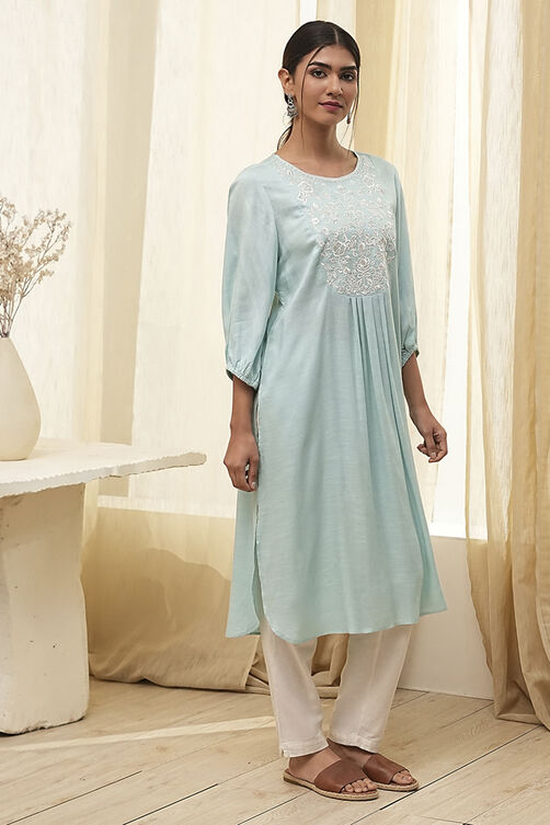 Aqua Solid Gathered Straight Kurta image number 4