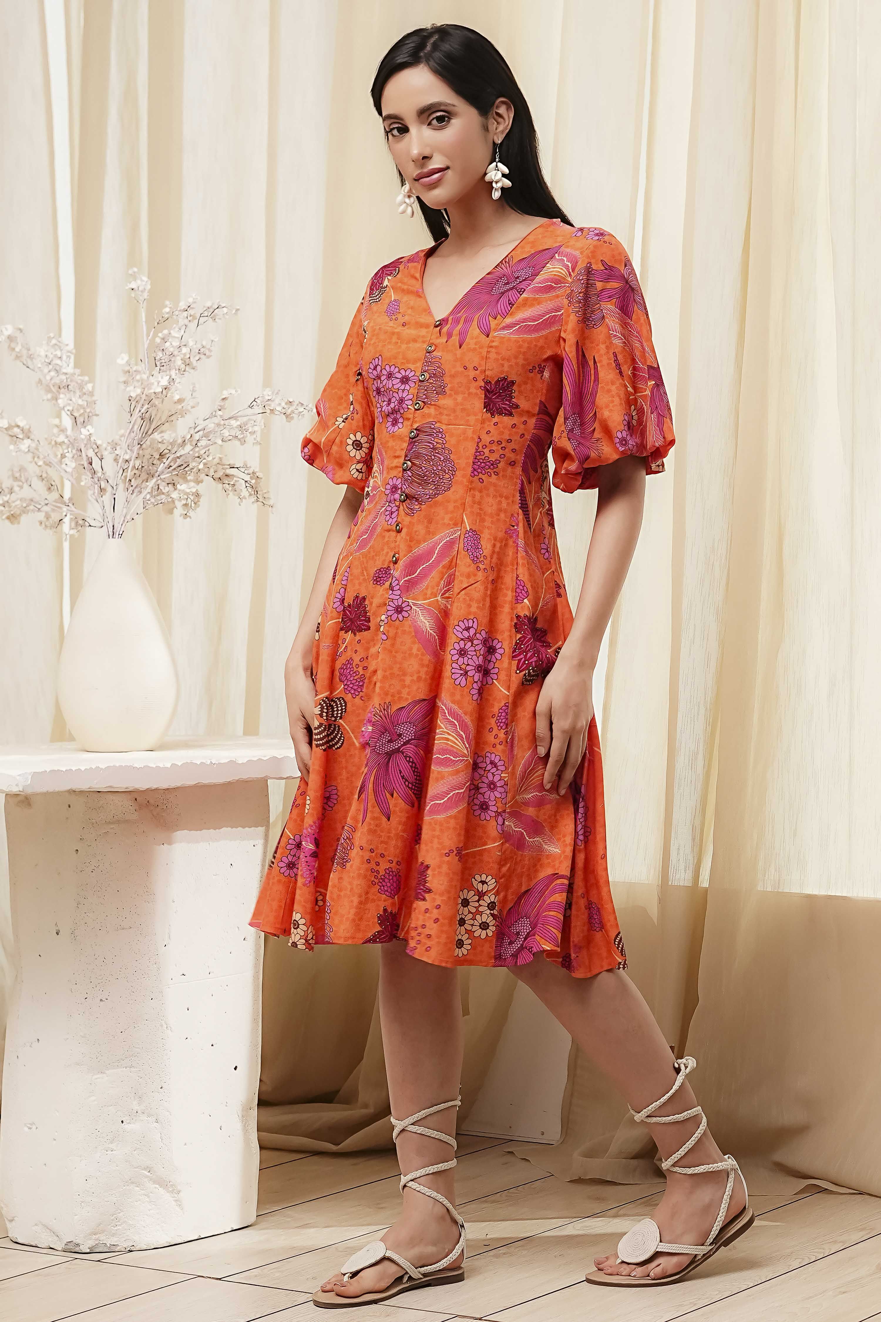 Orange Floral Printed Flared Dress image number 2