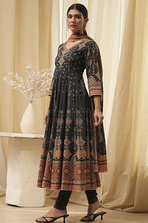 Ecru Cotton Printed Anarkali Suit Set image number 3