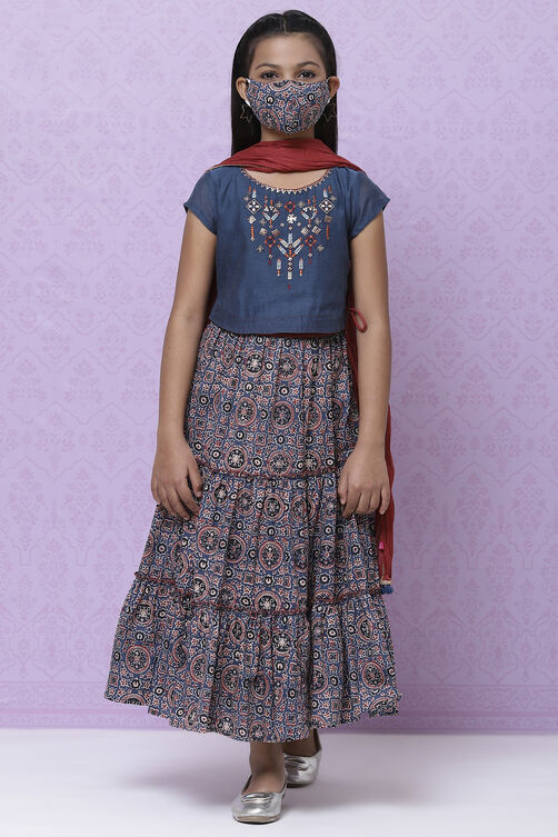 Teal Poly Cotton Girls Lehenga Set image number 4