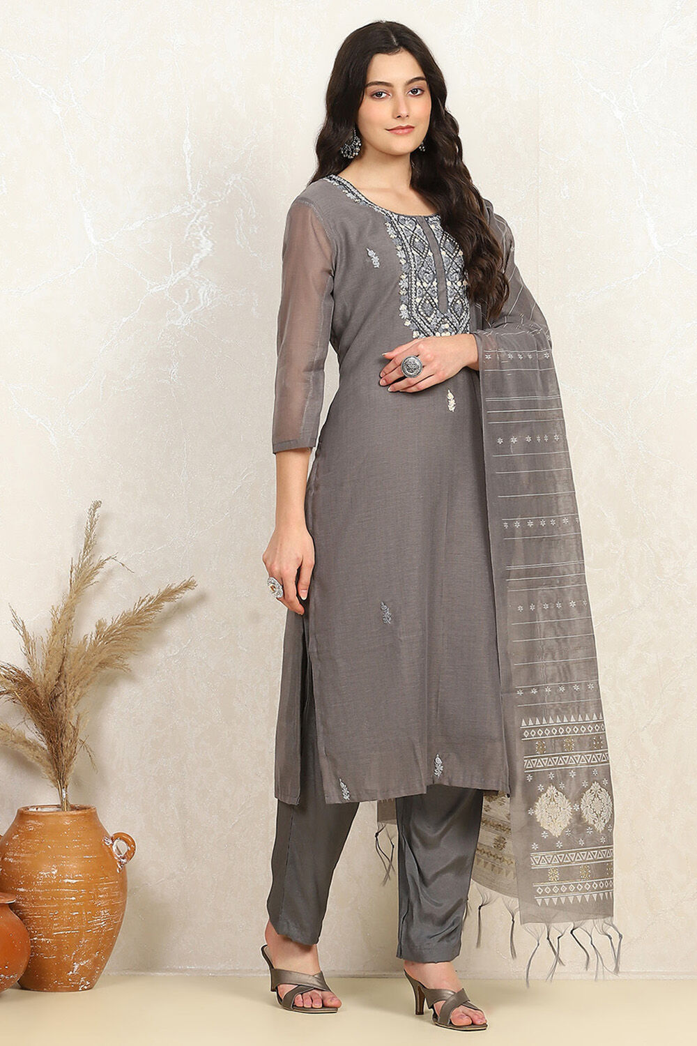 Grey Modal Hand Embroidered Unstitched Suit Set image number 6