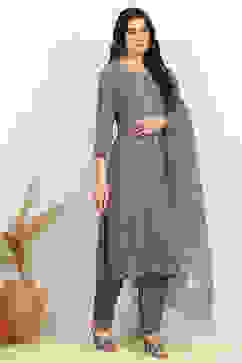 Grey Modal Hand Embroidered Unstitched Suit Set image number 6