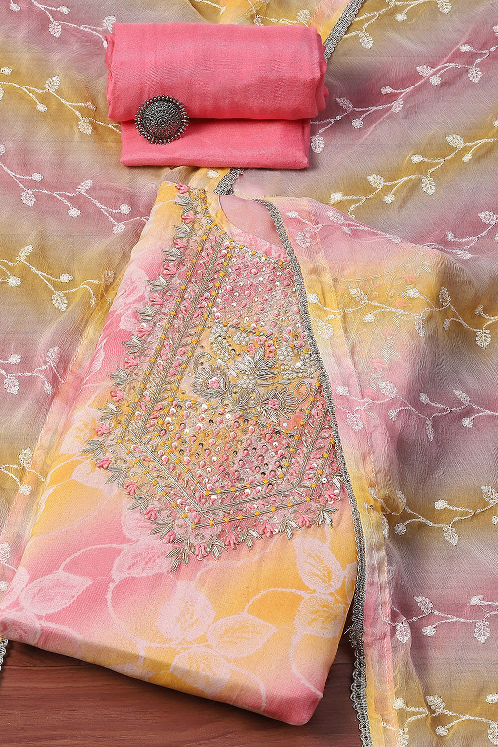 Blue Organza Unstitched Suit set image number 0