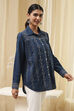Blue Cotton Blend High-Low Straight Shirt image number 5