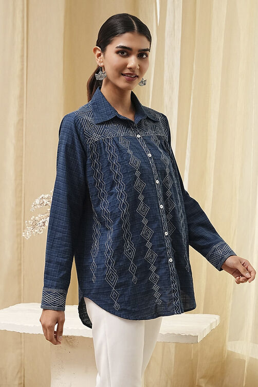 Blue Cotton Blend High-Low Straight Shirt image number 5