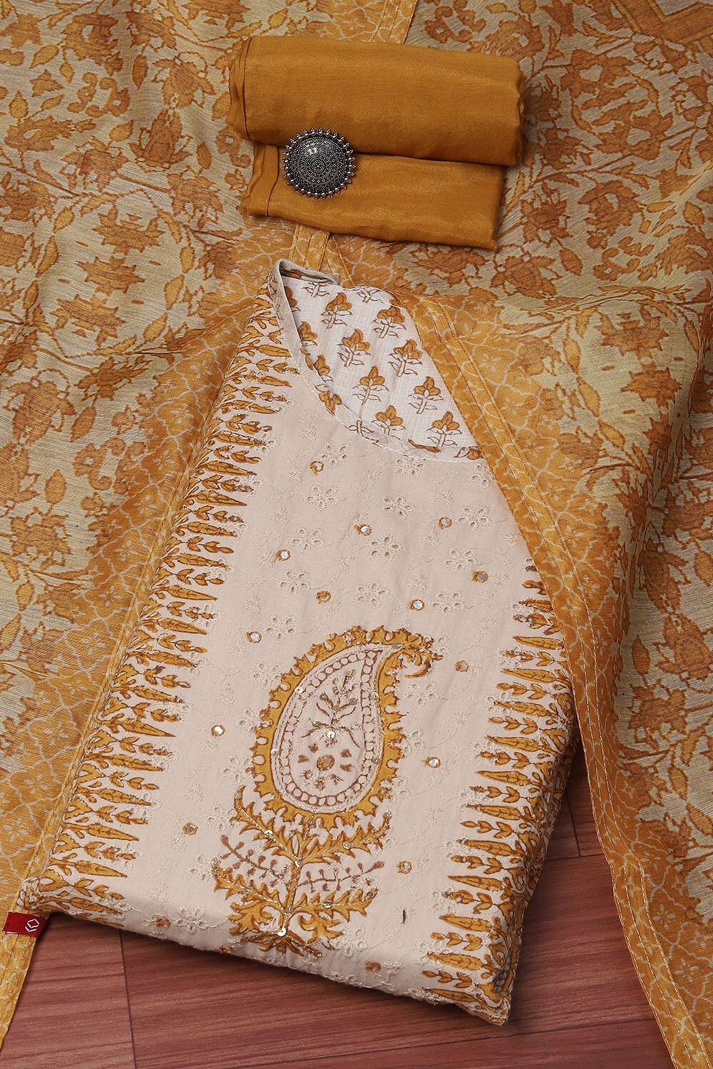 Beige Pink Chanderi Unstitched Suit set image number 0