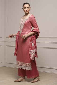 Peach Cotton Blend Thread Embroidered Unstitched Suit Set image number 4