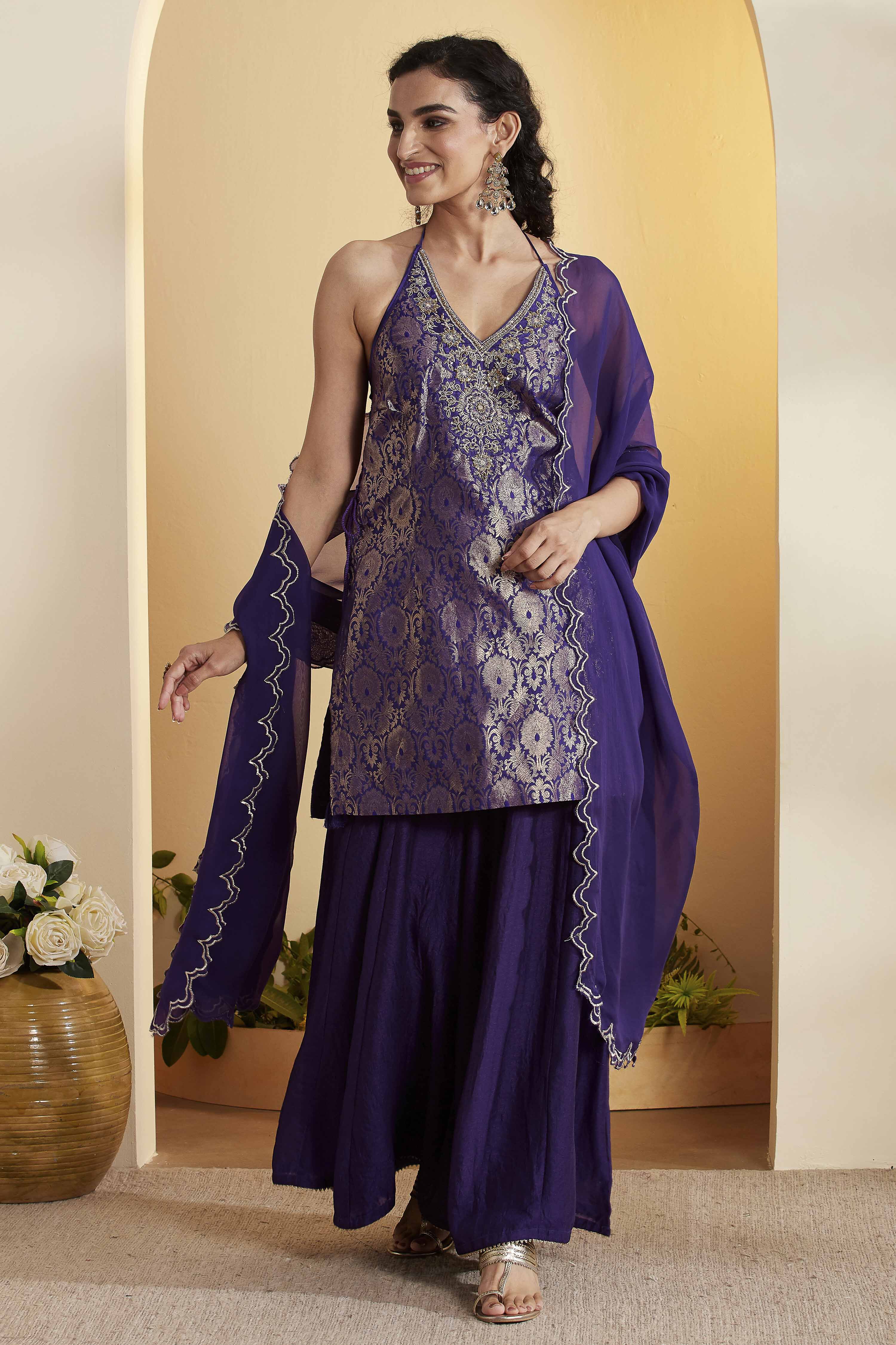 Violet Blue Viscose Rayon Halter Neck Sharara Set image number 6