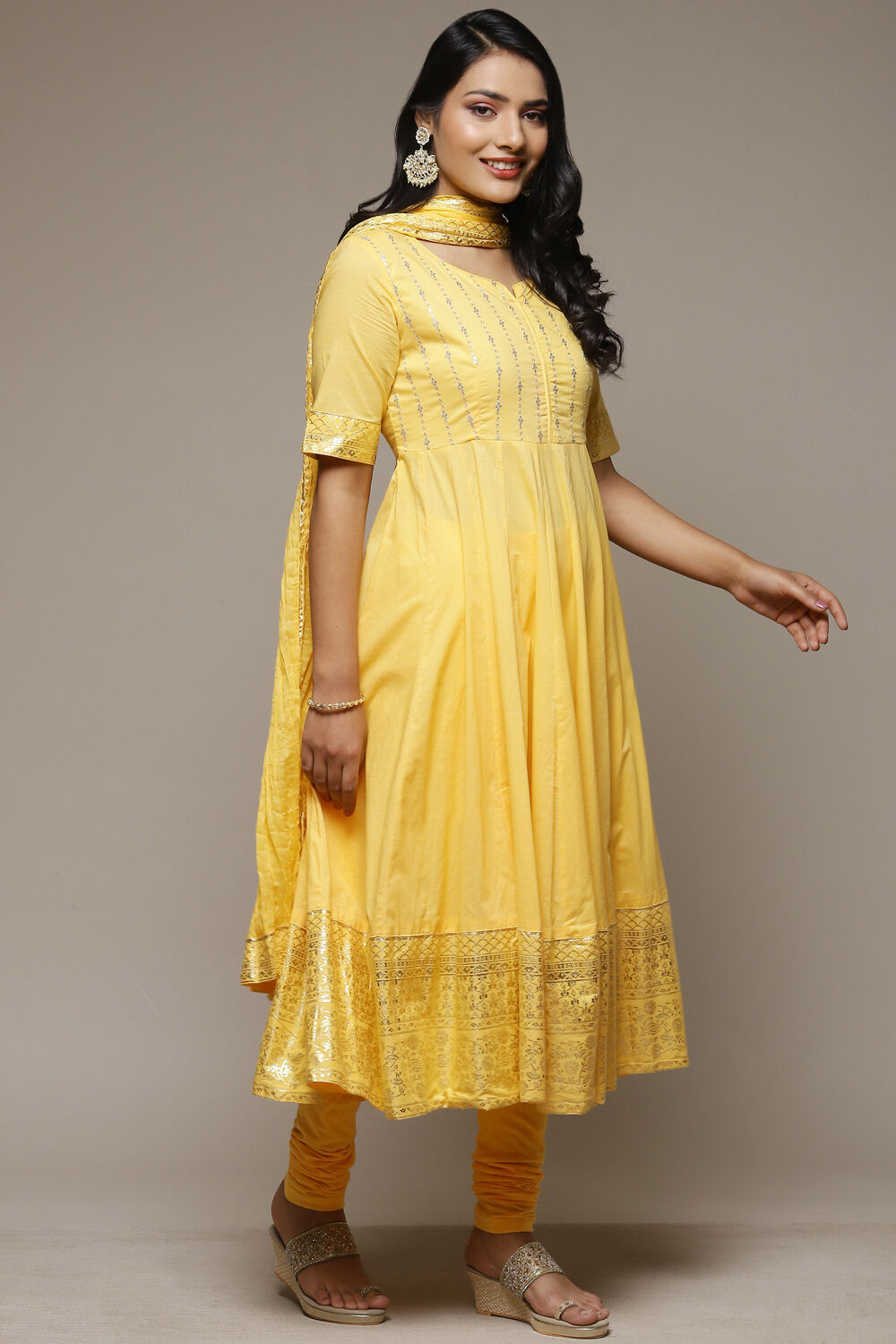 Yellow Cotton Anarkali Suit image number 5