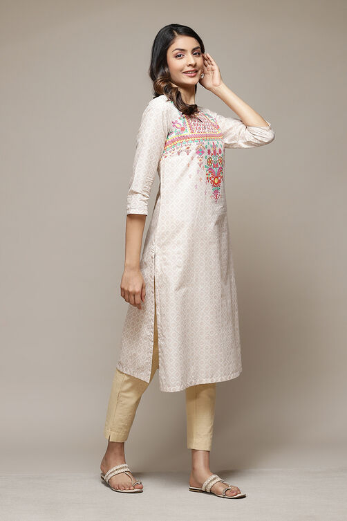Cream Cotton Straight Printed Kurta image number 4