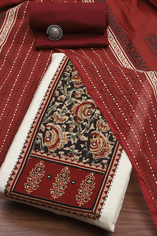 Off-White-Red Flex Hand Block Print Unstitched Suit Set image number 0