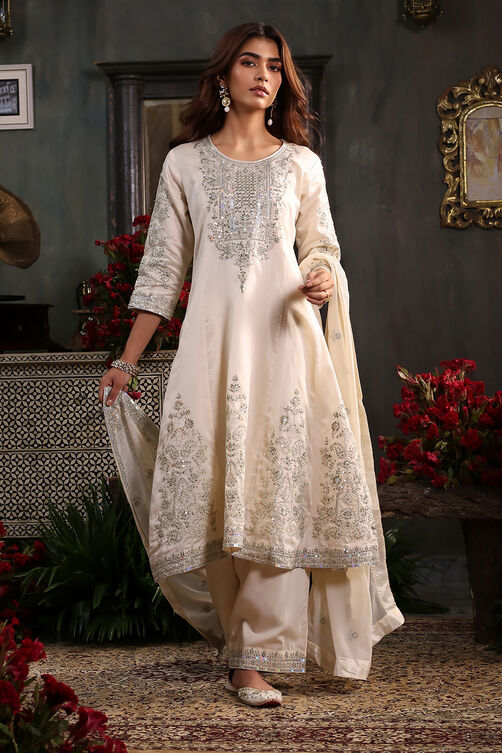 Off White Cotton Silk Anarkali Suit Set image number 0