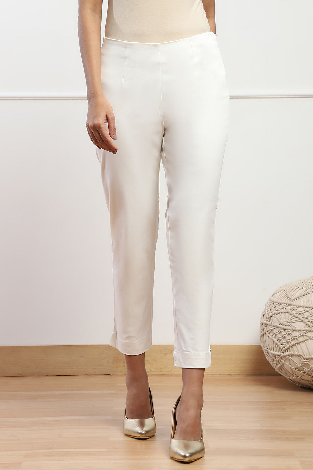 Beige Cotton Blend Slim Pant image number 5