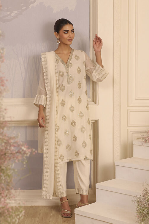 Off White Chanderi Straight Solid Suit Set image number 6