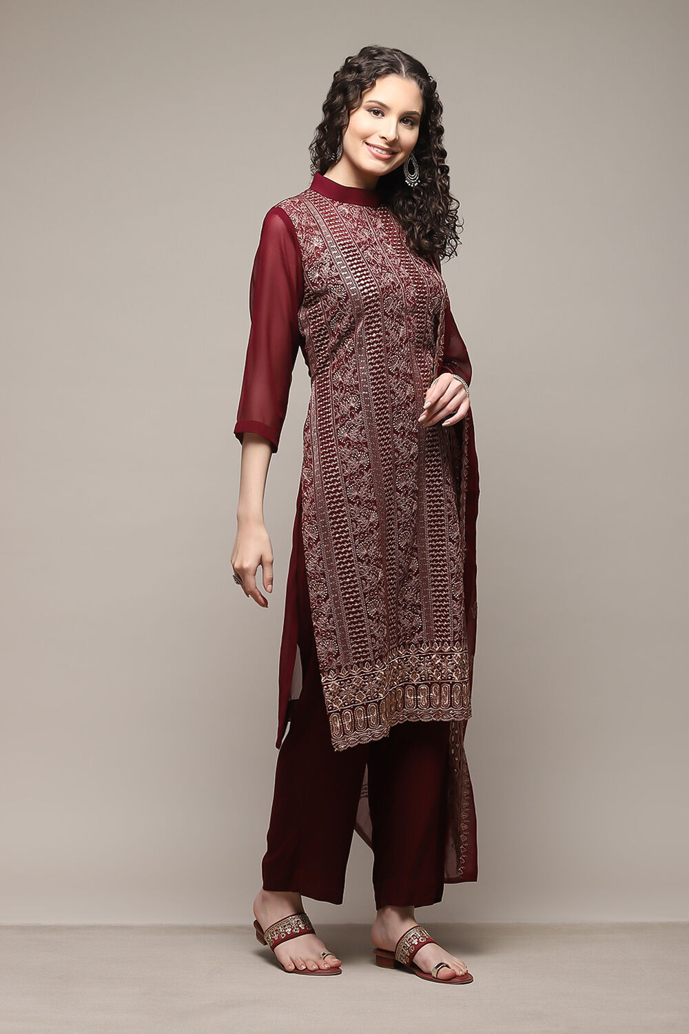 Wine Georgette Hand Embroidered Unstitched Suit Set image number 6