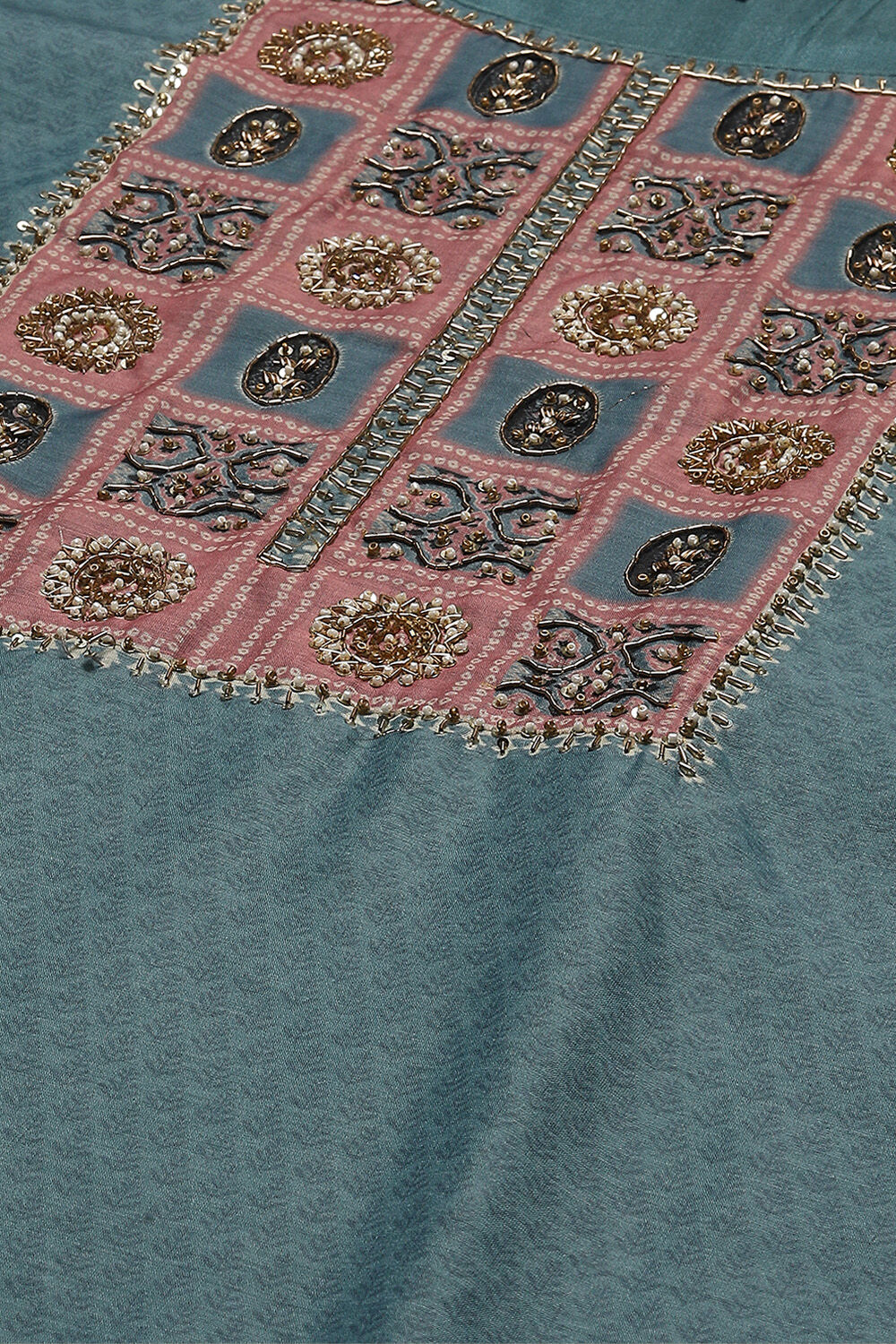 Peach Chanderi Machine Embroidered Unstitched Suit Set image number 6