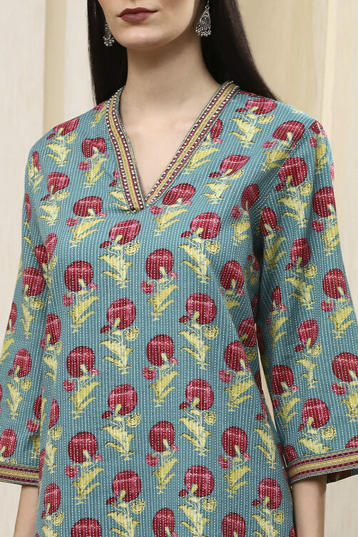 Teal Cotton Printed Straight Kurta image number 1