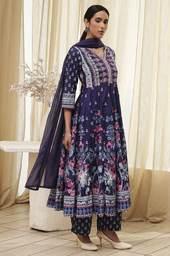 Indigo Cotton Floral Anarkali Suit Set image number 5