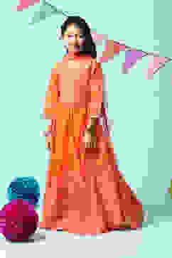 Orange Cotton Blend Short Top Lehenga Set image number 5