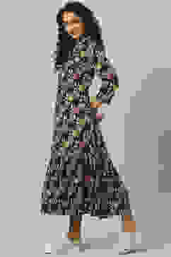 Navy Rayon A-Line Printed Dress image number 3