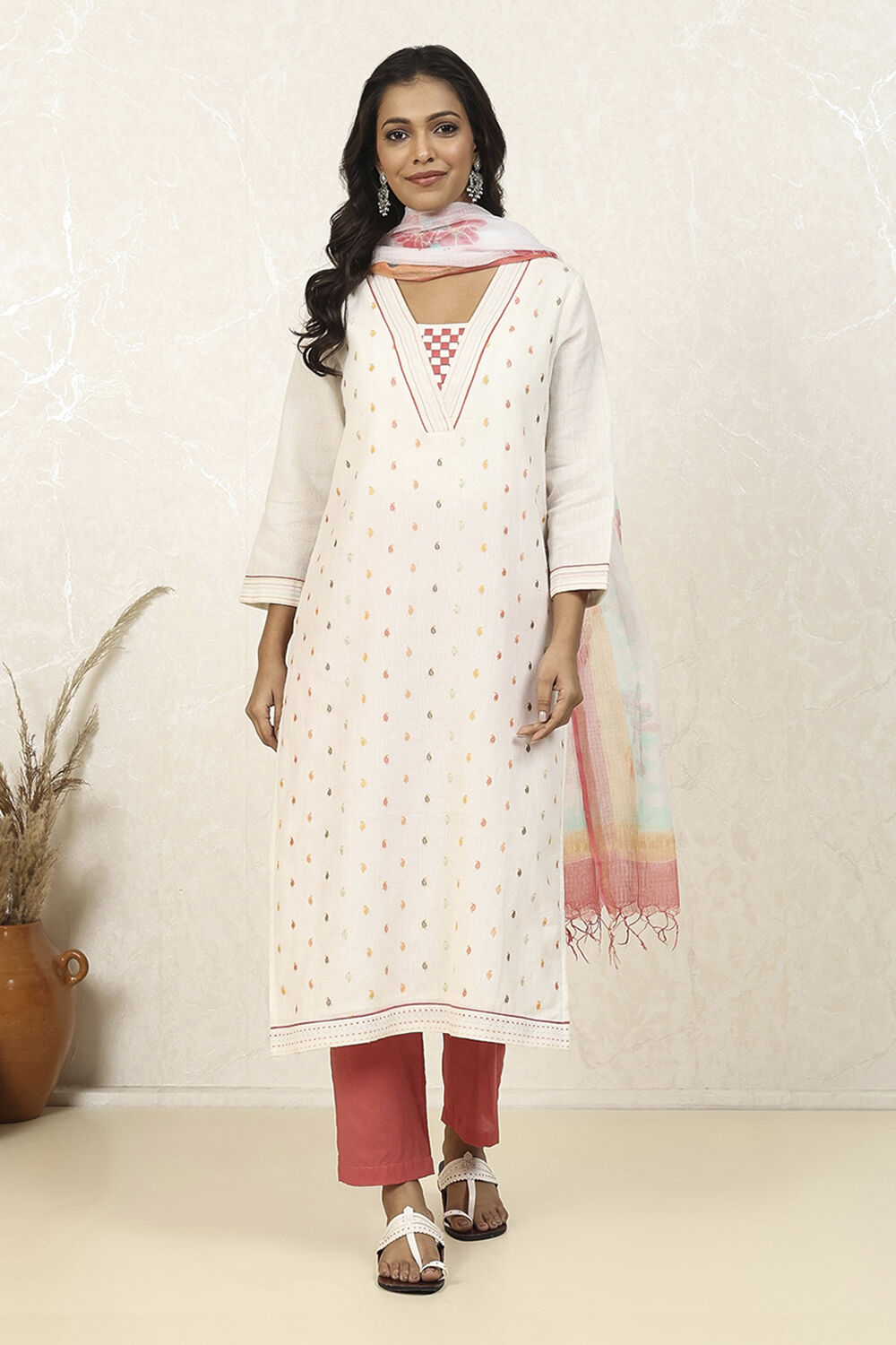 White Cotton Machine Embroidered Unstitched Suit Set image number 1