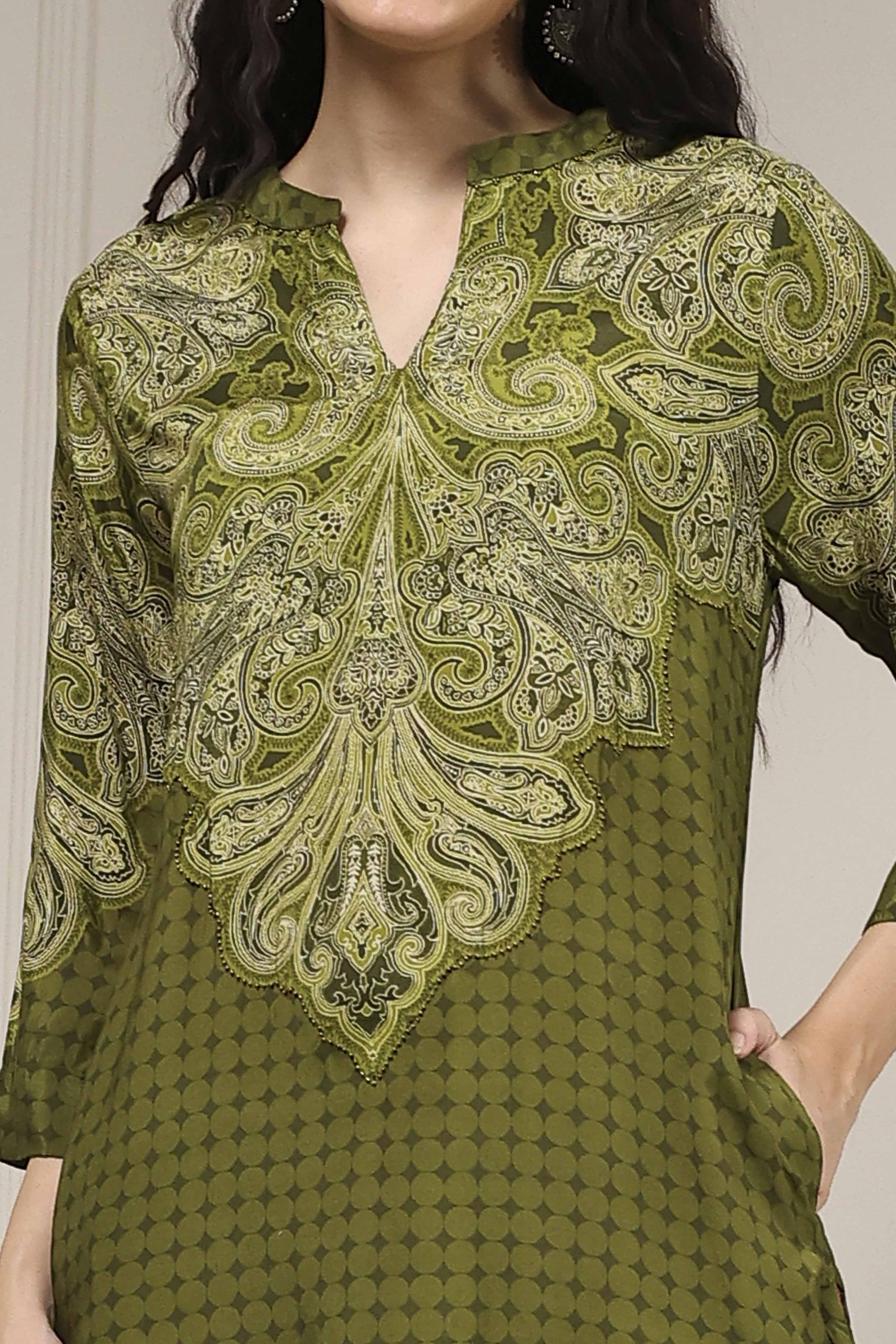 Olive Green Printed Straight Kurta image number 1
