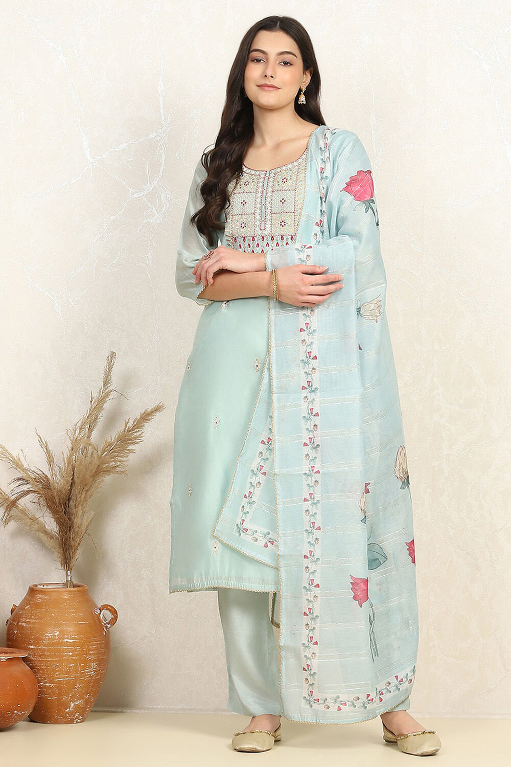 Beige Cotton Blend Machine Embroidered Unstitched Suit Set image number 7