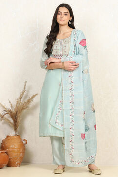 Blue Chanderi Machine Embroidered Unstitched Suit Set image number 7