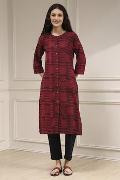 Maroon Cotton Ikat Straight Kurta image number 5
