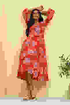 Red Floral Printed Shirt Style A-line Dress image number 0