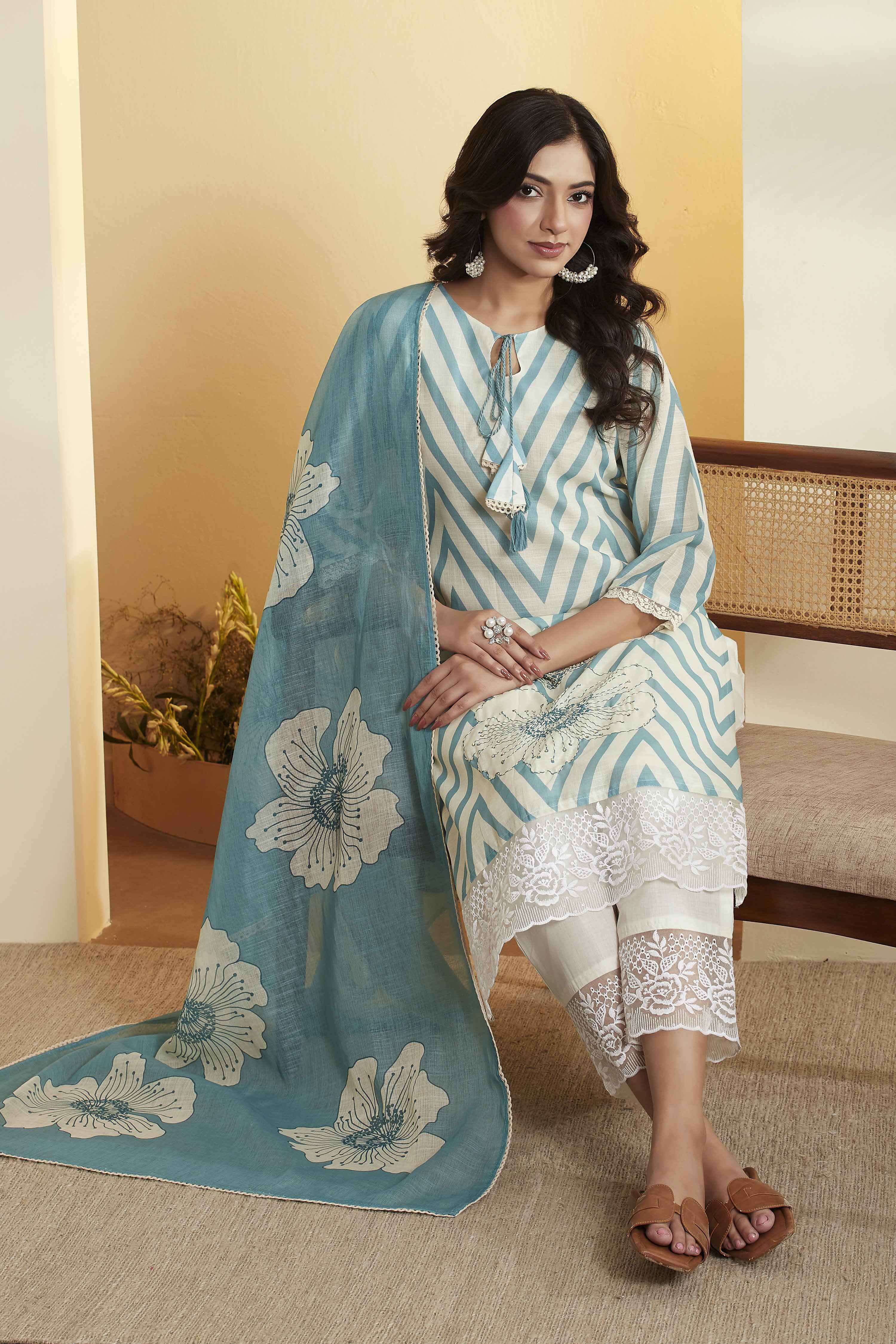 Sea Green Printed Poly Linen Floral Kurta Set image number 0