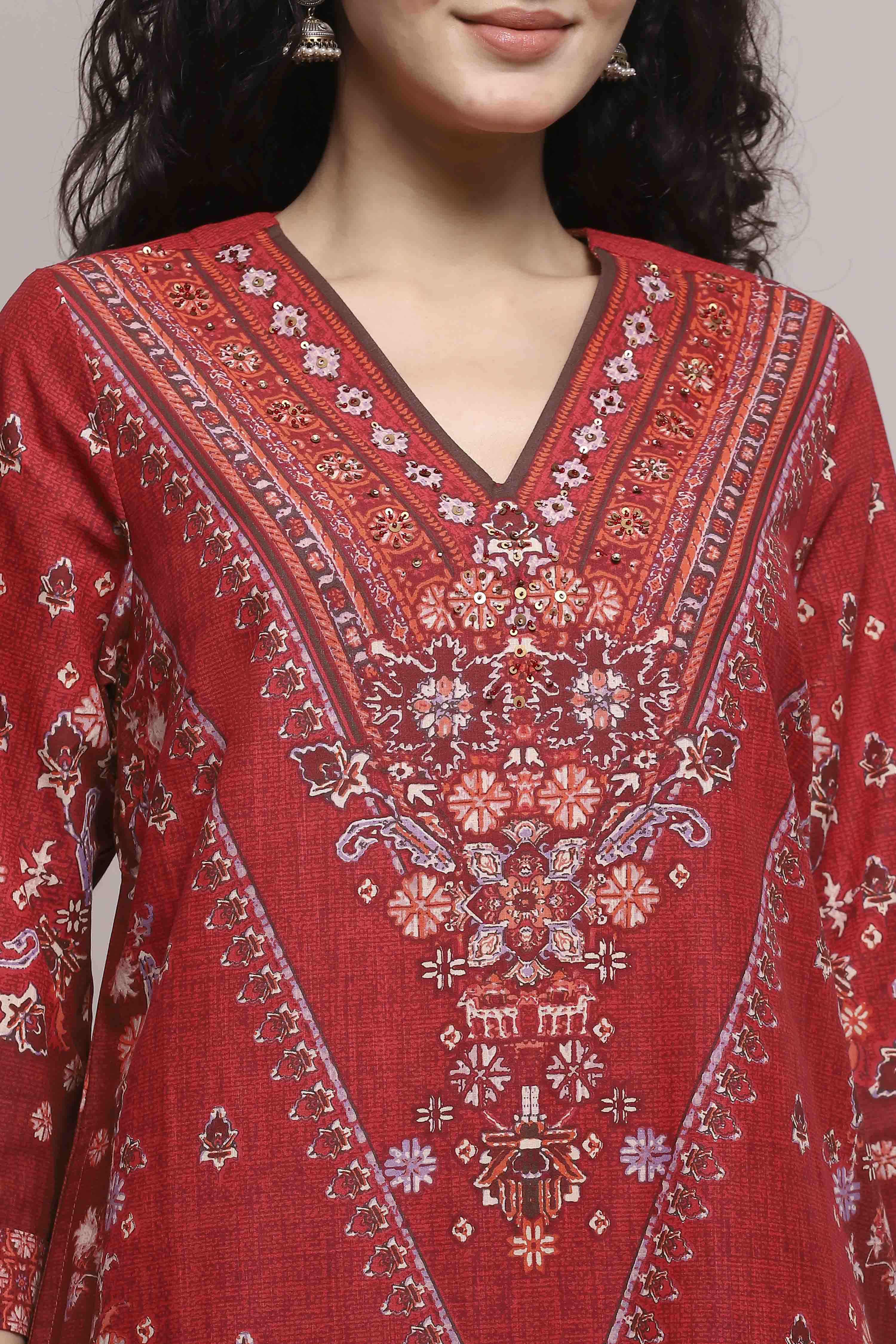 Red Cotton Printed Straight Suit Set image number 1