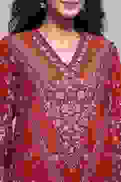 Red Cotton Printed Straight Suit Set image number 1