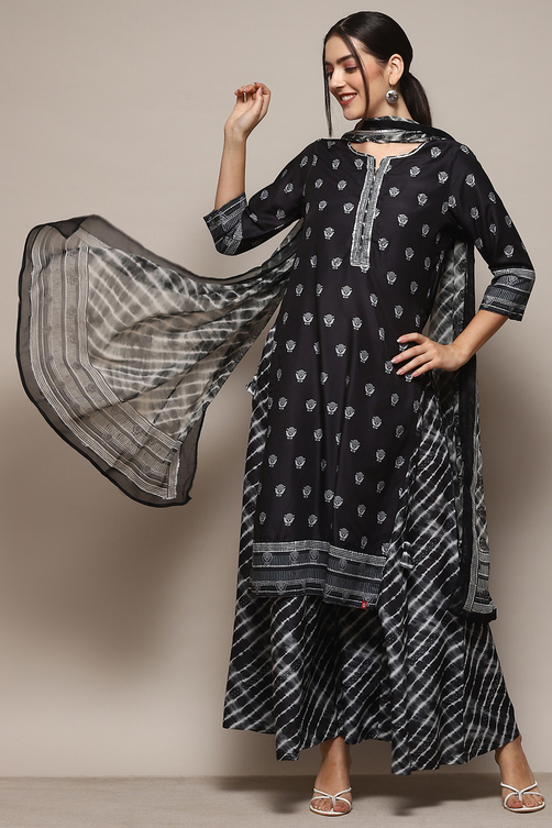 Black Poly Musin Relaxed Kurta Sharara Suit Set image number 4