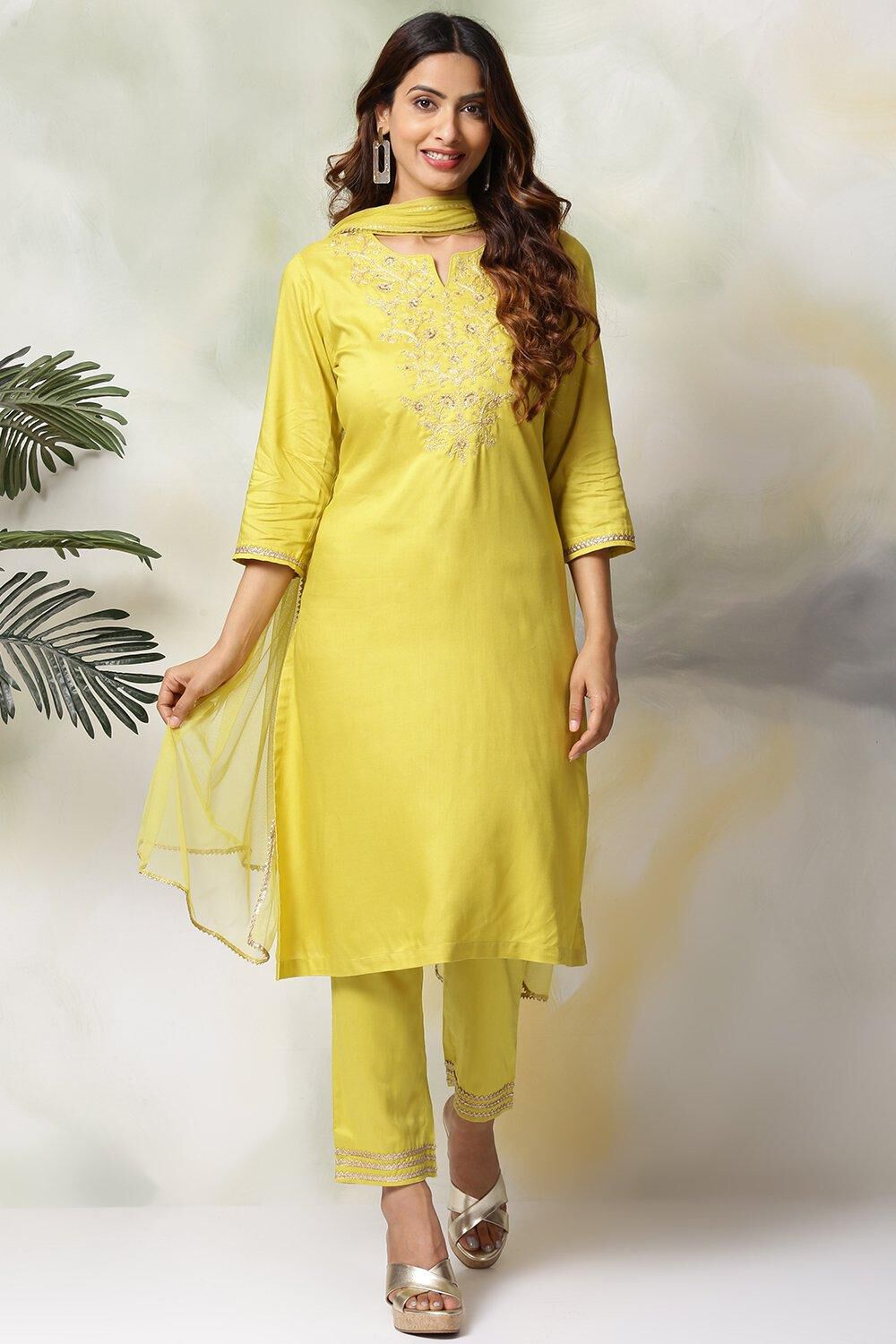 Saffron Rayon Straight Kurta Pants Suit Set image number 1