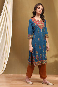 Navy Blue Cotton Printed Straight Kurta image number 5