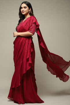 Berry Pre-Draped Nylon Saree With A Stitched Blouse image number 6