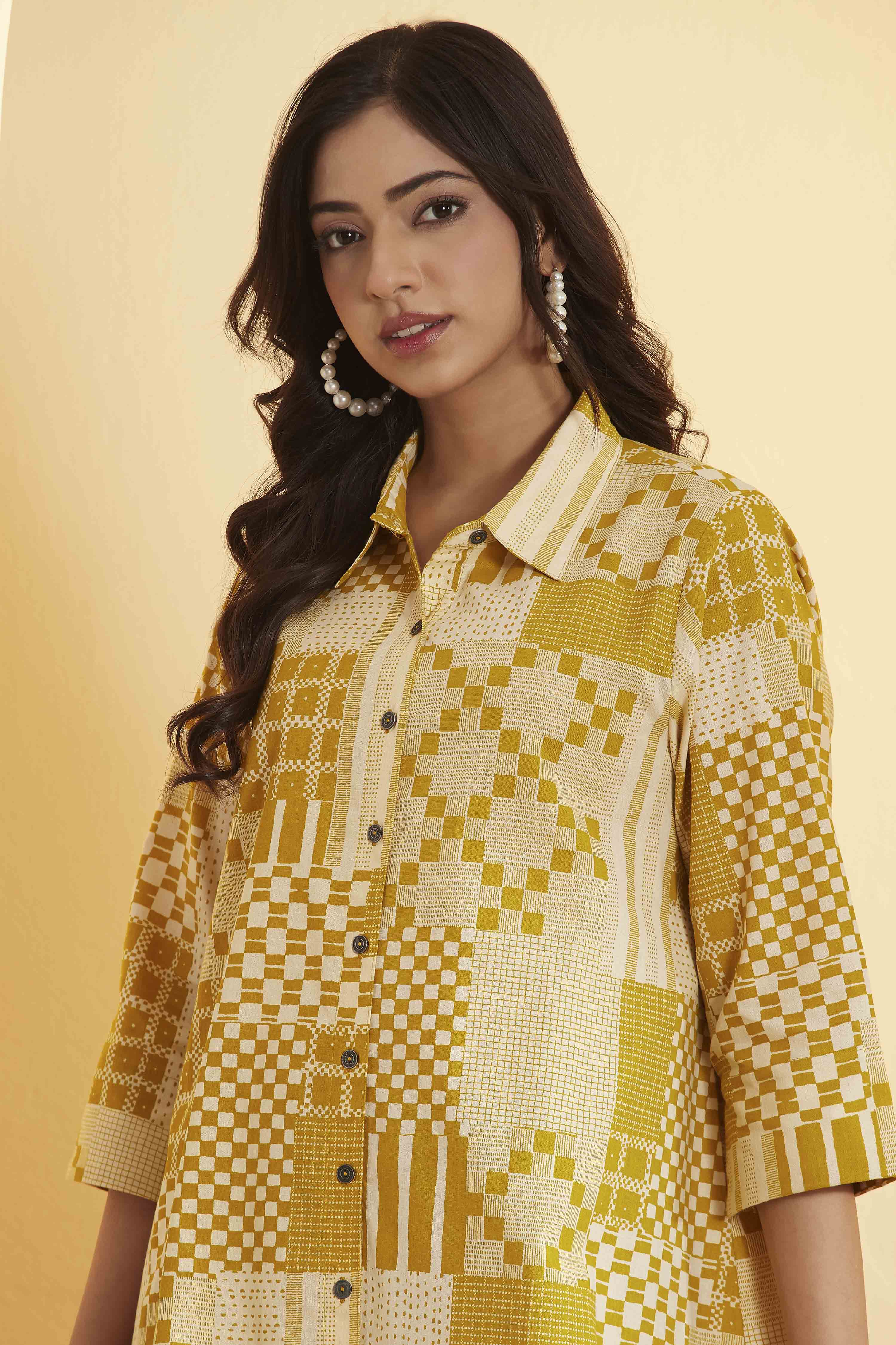 Navy Blue Cotton Checked A-Line Shirt Style Kurta image number 1