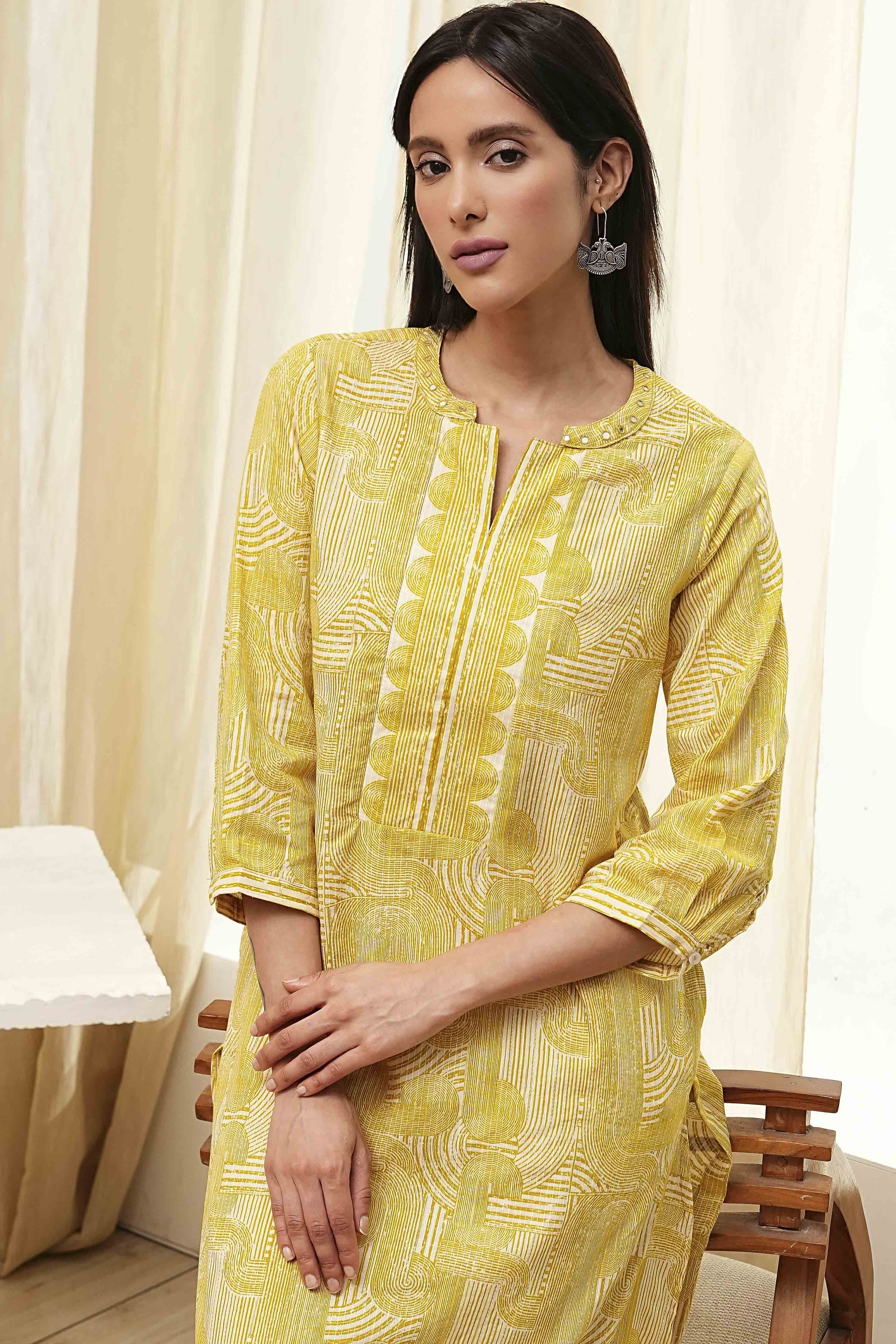 Yellow Cotton Printed Straight Kurta image number 6