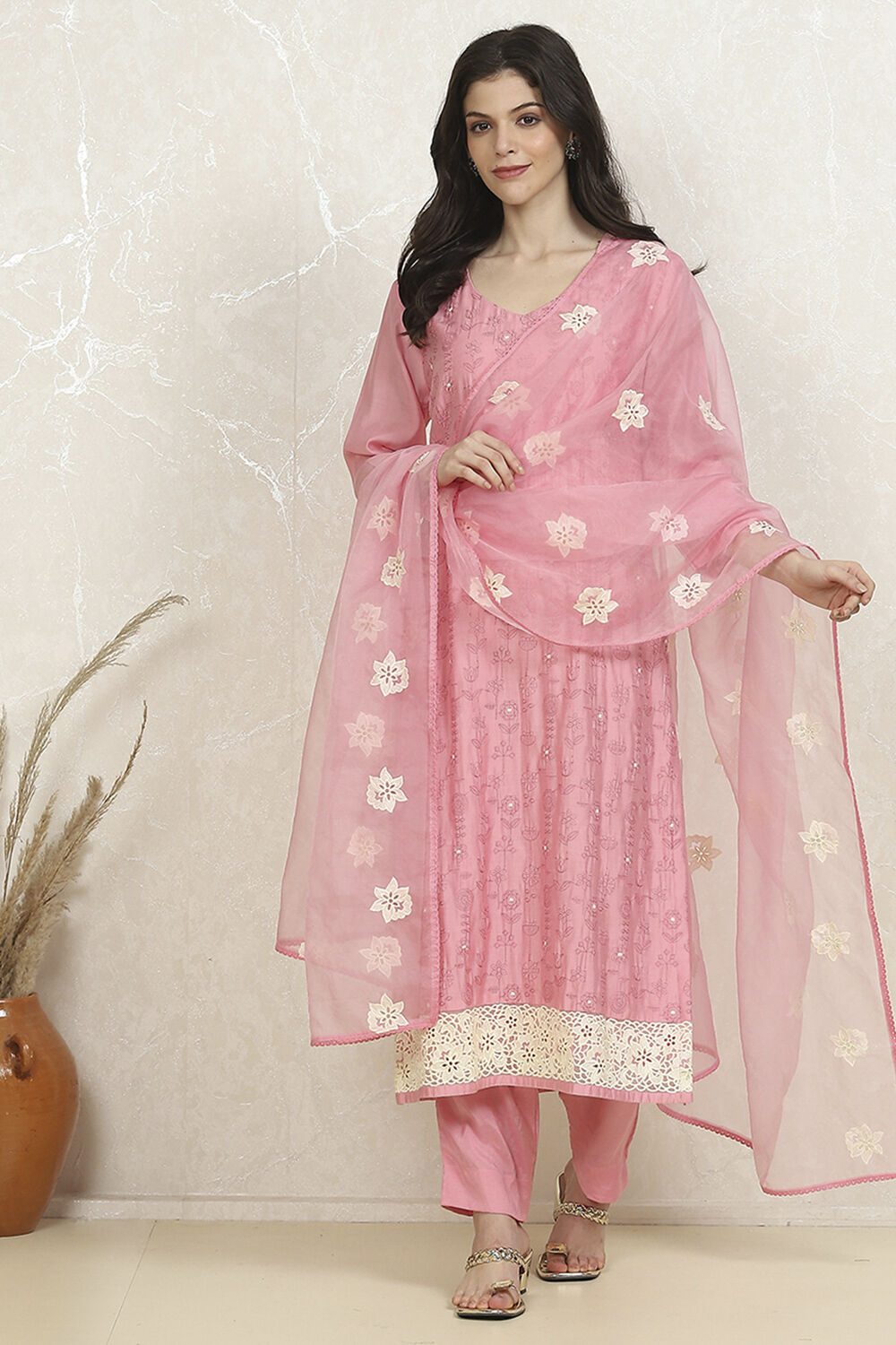 Pink Silk Blend Machine Embroidered Unstitched Suit Set image number 1