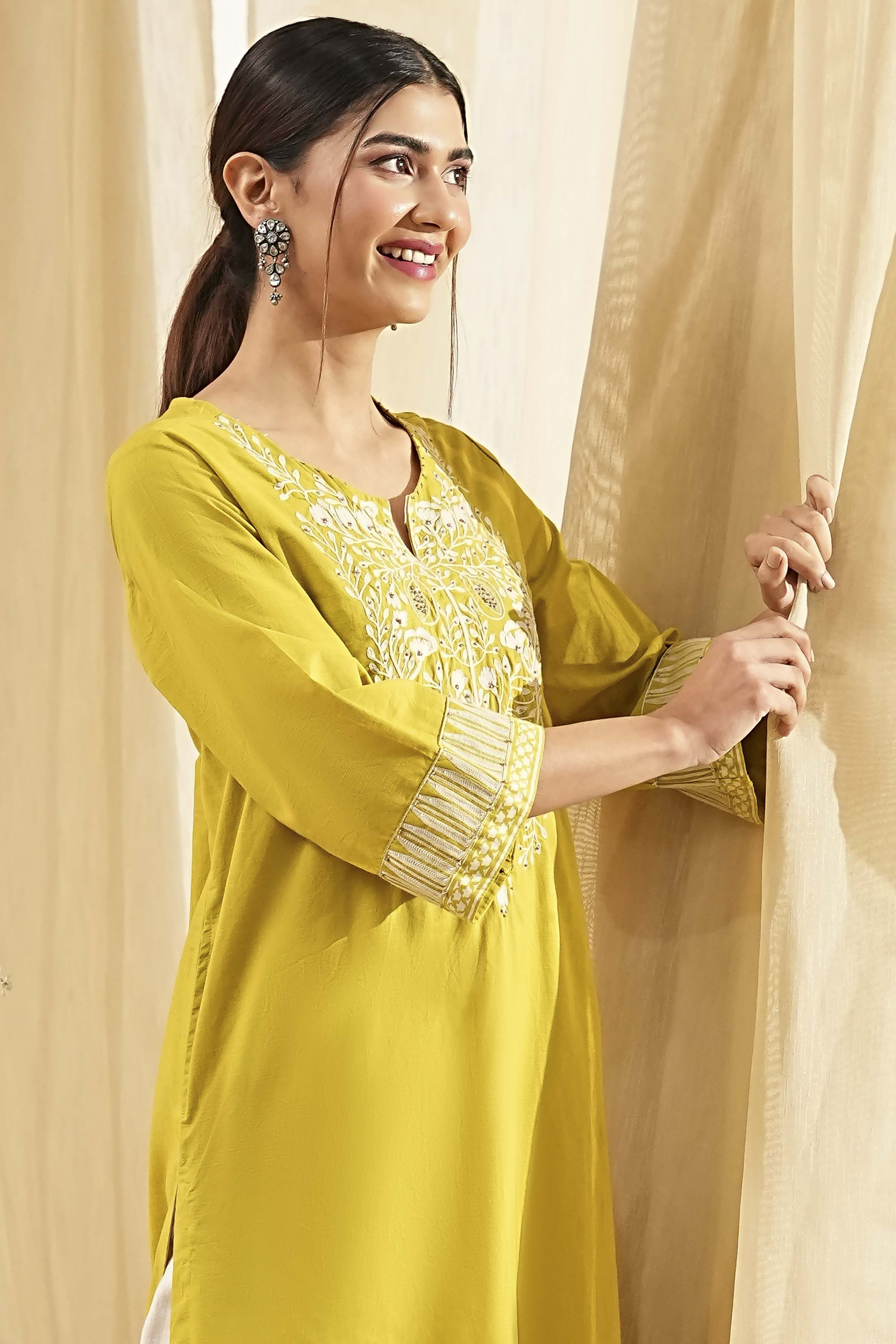 Green Pure Cotton Embroidered Straight Kurta image number 1