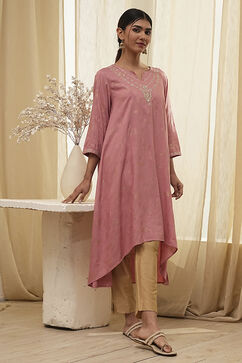 Dull Pink Printed Asymmetric Kurta image number 0